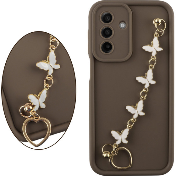 Volte-Tel ���� Samsung A17 4G A175/A17 5G A176 6.74'' Silicon Tpu With Strap Full Camera Protection Brown With White BUTTERFLIES