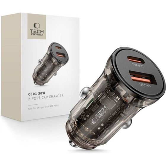 Tech-Protect CC01 2-PORT CAR CHARGER PD 30W / QC3.0 BLACK - (5906302361311)