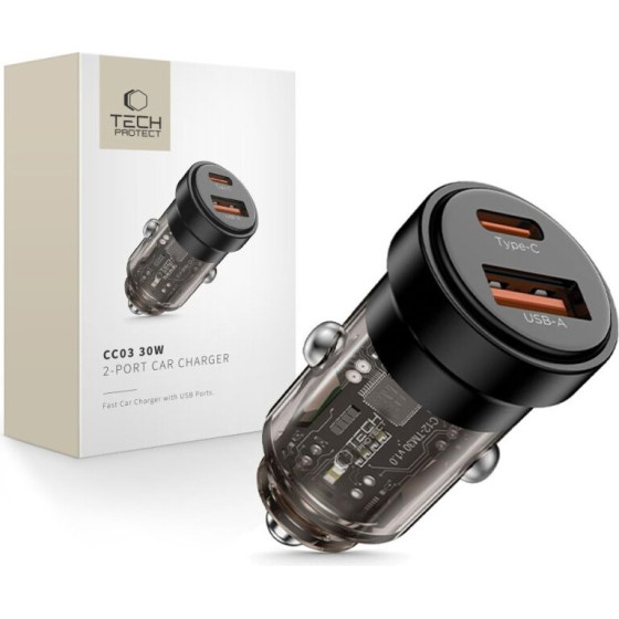 Tech-Protect CC03 2-PORT CAR CHARGER PD 30W / QC3.0 BLACK - (5906302361649)
