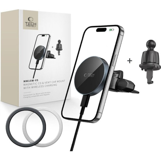 Tech-Protect MM15W-V5 MAGNETIC MAGSAFE CD & VENT CAR MOUNT WIRELESS CHARGER 15W BLACK/BLACK - (5906302361083)