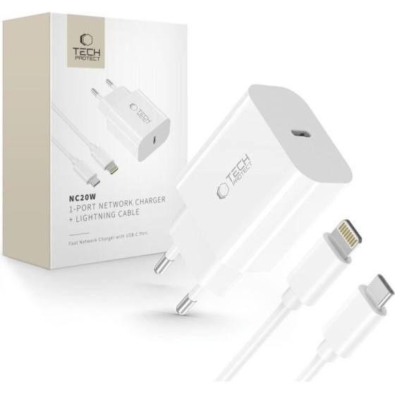 Tech-Protect NC20W 1-PORT NETWORK CHARGER PD 20W + LIGHTNING CABLE WHITE - (5906302362899)