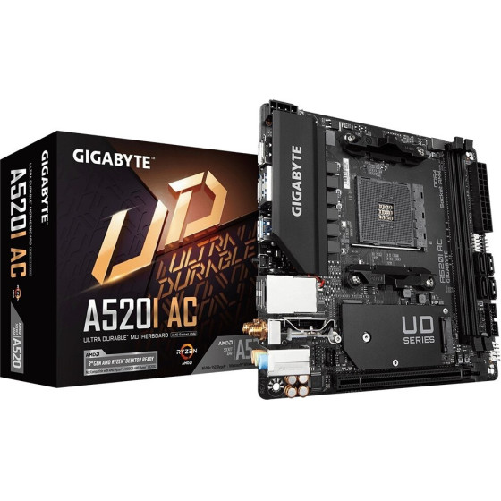 Gigabyte Motherboard - Supports AMD Ryzen 5000 Series AM4 CPUs, 6 Phases Digital VRM, up to 5300MHz DDR4 (OC), 1xPCIe 3.0 M.2, WIFI, GbE LAN, USB 3.2 Gen1 - (A520I AC)