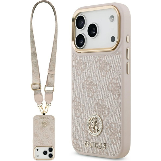 Guess Case 4G Strass Logo & Big Strap Metal Buttons MagSafe for iPhone 17 Pro pink - (GUHMP17LP4G4DCSP)