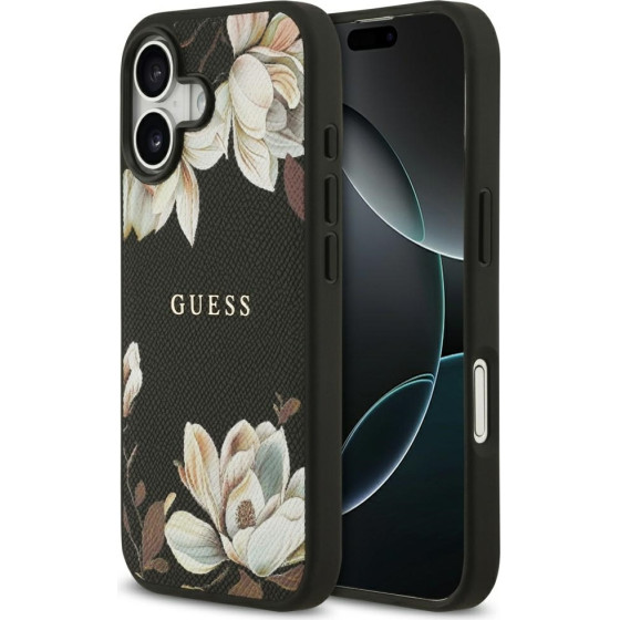 Guess Etui Grained Flowers Classic Logo MagSafe do iPhone 17 czarny - (GUHMP17SPGNMPLMK)