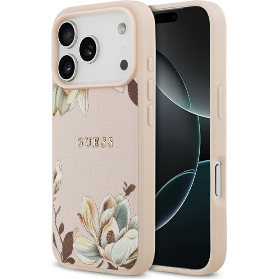 Guess Etui Grained Flowers Classic Logo MagSafe do iPhone 17 Pro rozowy - (GUHMP17LPGNMPLMP)
