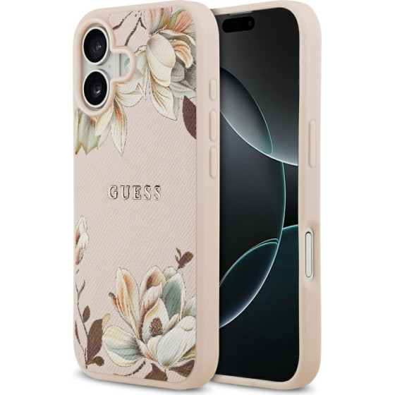 Guess Etui Grained Flowers Classic Logo MagSafe do iPhone 17 rozowy - (GUHMP17SPGNMPLMP)