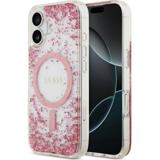 Guess Etui Resin Bottom Glitter MagSafe do iPhone 17 rozowy - (GUHMP17SRGRGEP)