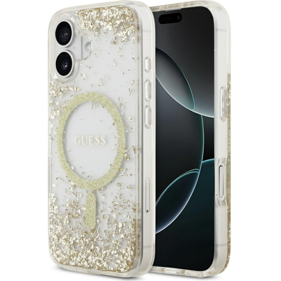 Guess Etui Resin Bottom Glitter MagSafe do iPhone 17 zloty - (GUHMP17SRGRGED)