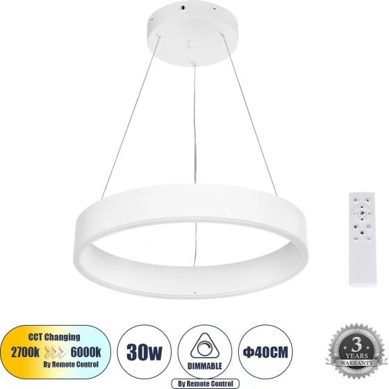 GloboStar Venom �������� �������� ��������� ������ Led 30W 3513lm 120� Ac 220-240V IP20 ����������� ����� Cct �� ����������� ��� 2700K ��� 6000K Dimmable - Lumileds Smd Chip - ����� ��� - �40 x �40 x �6.5cm - 3 ������ ������� - (61174)