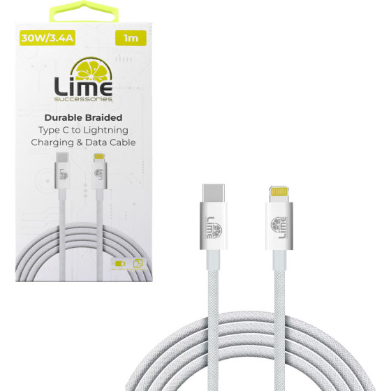 Lime Successories Lime Lightning To USB-C 3.4A ��������-Data Durable Braided 1m LBCL01 30W WHITE