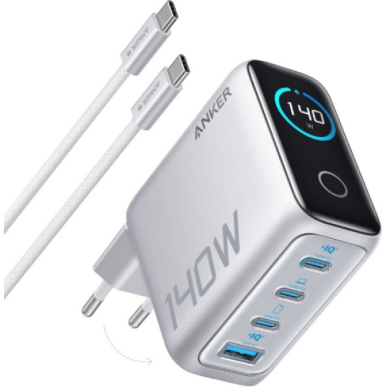 Anker Wall Charger Zolo, 140W, 5A, 1 x USB-A - 3 x USB-C, With USB-C Cable, Silver - (B2697G41)