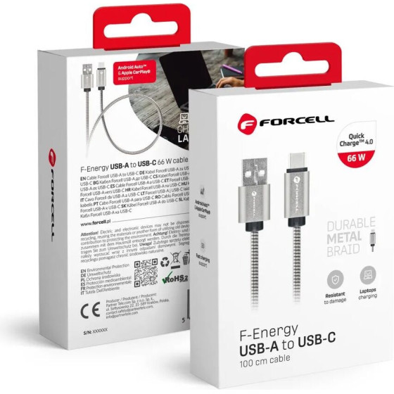 FORCELL Cable Usb A To Usb C F-Energy QC4.0 3A 66W Metal 1 m C234 silver