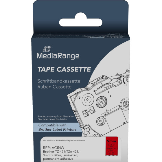 �������� ������� ������ MediaRange (Brother TZ-421/TZe-421) 9mm, 8m, Laminated And Permanent Adhesive, Black On Red - (MRBTZ421)