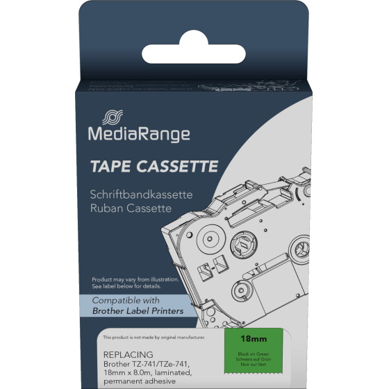�������� ������� ������ MediaRange (Brother TZ-741/TZe-741) 18mm, 8m, Laminated And Permanent Adhesive, Black On Green - (MRBTZ741)
