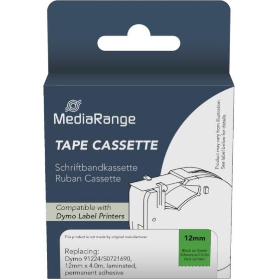 �������� ������� ������ MediaRange (Dymo(R) 91224/S0721690) 12mm, 4m, Laminated And Permanent Adhesive, Black On Green - (MRDY91224)