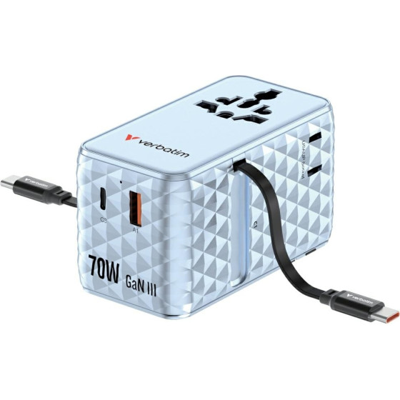 Verbatim Travel Adapter EU/UK/Us Gan 1xUSB-C/1xUSB-A/2xUSB-C Pd 70W Blue - (30187)