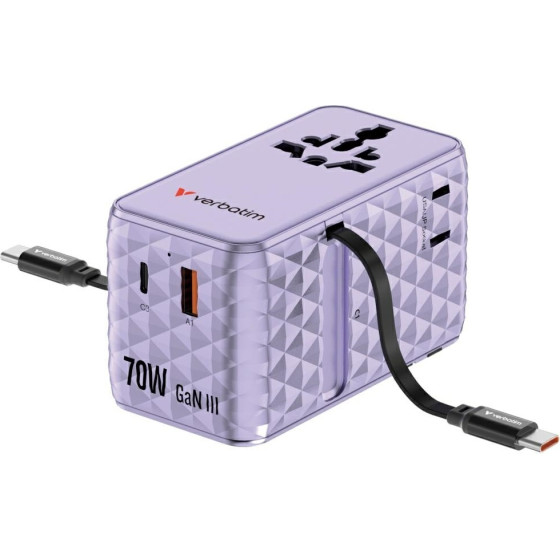 Verbatim Travel Adapter EU/UK/Us Gan 1xUSB-C/1xUSB-A/2xUSB-C Pd 70W Purple - (30188)