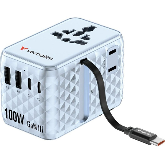 Verbatim Travel Adapter EU/UK/Us Gan 2xUSB-C/2xUSB-A/1xUSB-C Pd 100W Blue - (30192)