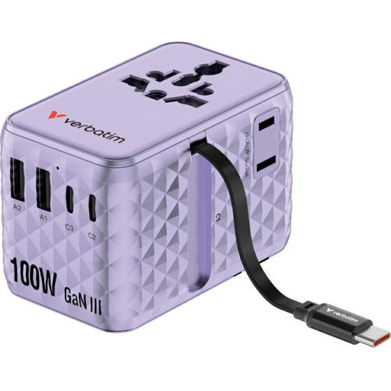Verbatim Travel Adapter EU/UK/Us Gan 2xUSB-C/2xUSB-A/1xUSB-C Pd 100W Purple - (30193)