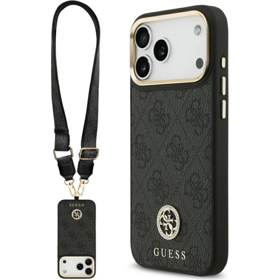 Guess 4G Srtass Logo & Big Strap Metal Buttons Magsafe Case For Iphone 17 Pro Max Black - (GUHMP17XP4G4DCSK)