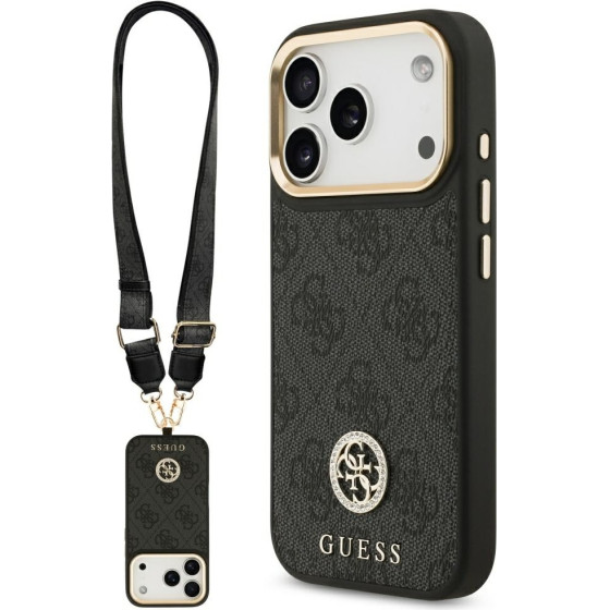 Guess 4G Strass Logo & Big Strap Metal Buttons Magsafe Case For Iphone 17 Pro Black - (GUHMP17LP4G4DCSK)
