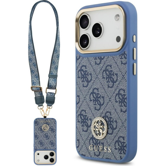 Guess 4G Strass Logo & Big Strap Metal Buttons Magsafe Case For Iphone 17 Pro Blue - (GUHMP17LP4G4DCSB)