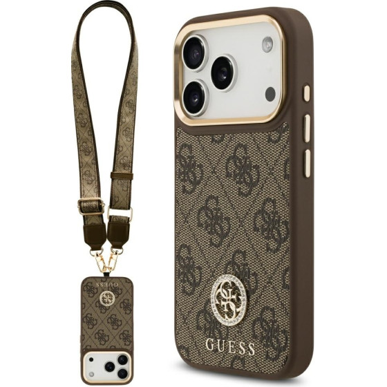Guess 4G Strass Logo & Big Strap Metal Buttons Magsafe Case For Iphone 17 Pro Brown - (GUHMP17LP4G4DCSW)
