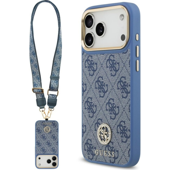 Guess 4G Strass Logo & Big Strap Metal Buttons Magsafe Case For Iphone 17 Pro Max Blue - (GUHMP17XP4G4DCSB)