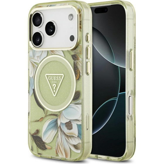Guess Case Iml Glitter Flowers Triangle Magsafe For Iphone 17 Pro Green - (GUHMP17LHFLPEDN)