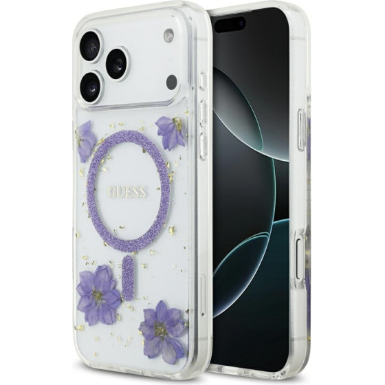 Guess Case Resin Flowers Glitter Magsafe For Iphone 17 Pro Max Purple - (GUHMP17XRBFGFGMU)