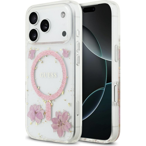 Guess Case Resin Flowers Glitter Magsafe For Iphone 17 Pro Pink - (GUHMP17LRBFGFGMP)