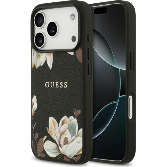 Guess Grained Flowers Classic Logo Magsafe Case For Iphone 17 Pro Black - (GUHMP17LPGNMPLMK)
