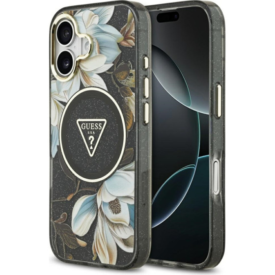 Guess Iml Glitter Flowers Triangle Magsafe Case For Iphone 17 Black - (GUHMP17SHFLPEDK)