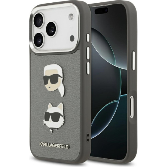 Karl Lagerfeld Fw Grained Karl & Choupette Heads Pins & Logo Case For Iphone 17 Pro Gray - (KLHCP17LPSFDHPOG)