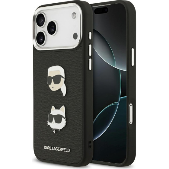 Karl Lagerfeld Fw Grained Karl & Choupette Heads Pins & Logo Case For Iphone 17 Pro Max Black - (KLHCP17XPSFDHPOK)