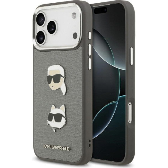Karl Lagerfeld Fw Grained Karl & Choupette Heads Pins & Logo Case For Iphone 17 Pro Max Gray - (KLHCP17XPSFDHPOG)