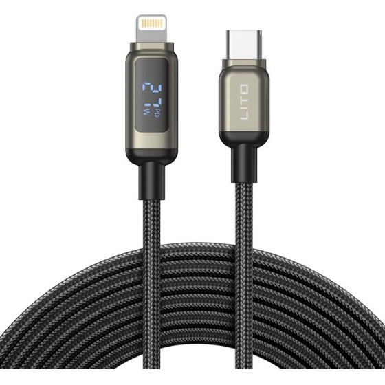 Lito - Data Cable (LD15) - Type-C To Lightning, Fast Charging, Braided Nylon, 60W, Led Display - Black