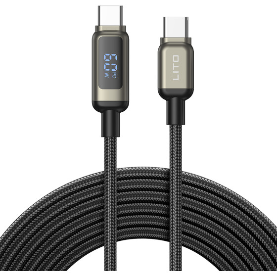 Lito - Data Cable (LD15) - Type-C To Type-C, Fast Charging, Braided Nylon, 60W, Led Display - Black