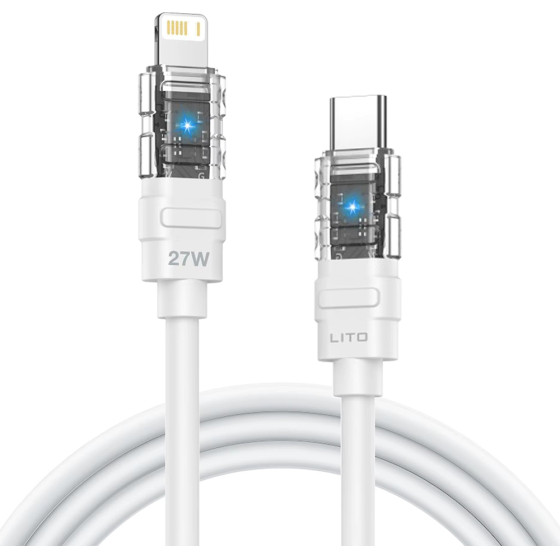 Lito - Data Cable Mechanical (LD05) - Type-C To Lightning, Fast Charging 27W, Transparent Head, Led - White