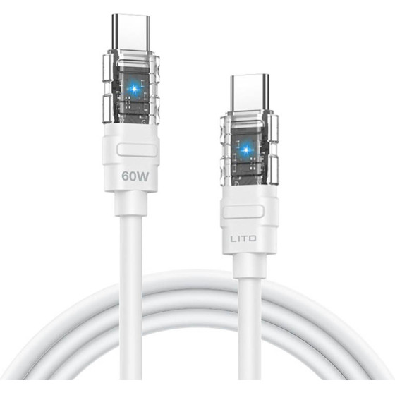 Lito - Data Cable Mechanical (LD05) - Type-C To Type-C, Fast Charging 60W, Transparent Head, Led - White