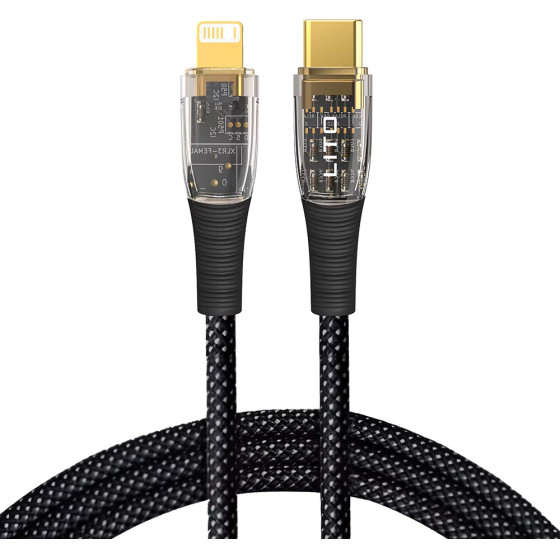 Lito - Data Cable Transparent (LD01) - Type-C To Lightning, Fast Charging 27W, Braided, Gold Plated Interface, 1.2m - Black