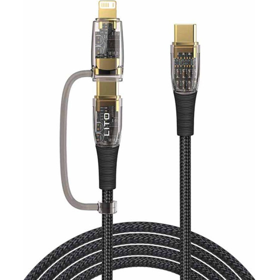 Lito - Data Cable Transparent 2in1 (LD12) - Type-C To Type-C, Lightning, Fast Charge, Braided, Anti-Oxidant - Black