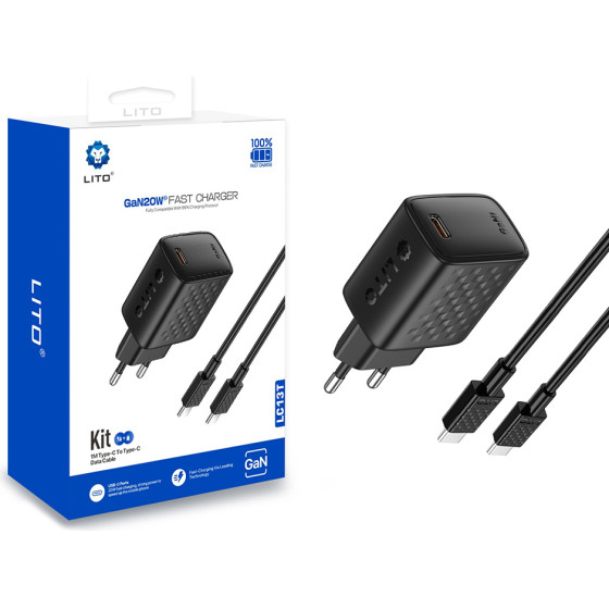 Lito - Wall Charger (LC13T) - With Type-C Cable Included, Type-C, PD20W, GaN, Pc Fireproof, Eu Plug - Black