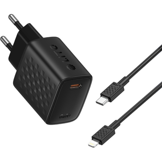 Lito - Wall Charger (LC17L) - With Lightning Cable Included, Type-C Output, PD30W, GaN, Pc Fireproof, Eu Plug - Black