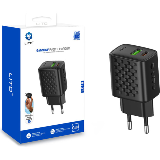 Lito - Wall Charger (LC19) - Type-C, Usb Output, PD30W, GaN, Pc Fireproof, Eu Plug - Black