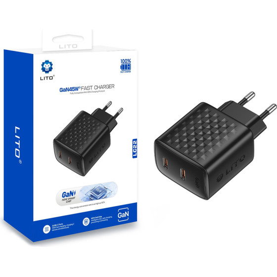 Lito - Wall Charger (LC22) - 2x Type-C Output, PD45W, GaN, Pc Fireproof, Eu Plug - Black