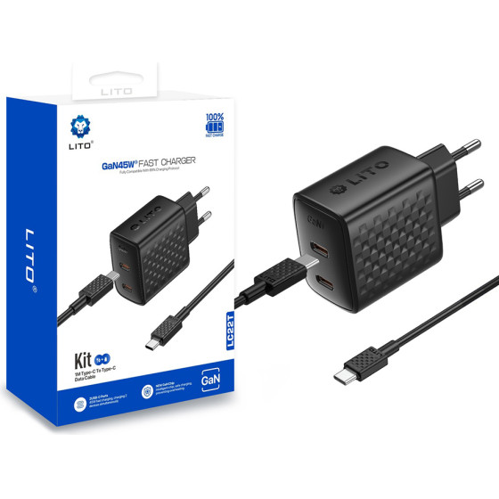 Lito - Wall Charger (LC22T) - With Type-C Cable Included, 2x Type-C Output, PD45W, GaN, Pc Fireproof, Eu Plug - Black
