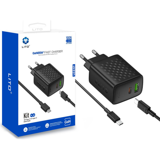 Lito - Wall Charger (LC24T) - With Type-C Cable Included, Type-C, Usb Output, PD65W, GaN, Pc Fireproof, Eu Plug - Black