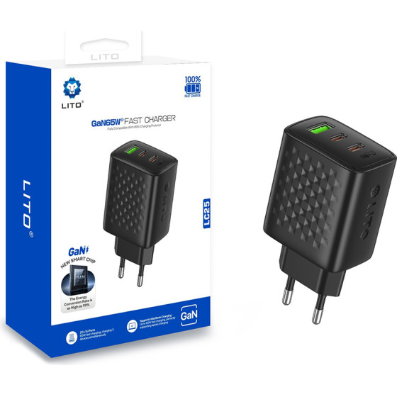 Lito - Wall Charger (LC25) - 2x Type-C, Usb Output, PD65W, GaN, Pc Fireproof, Eu Plug - Black