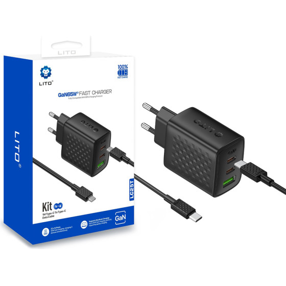 Lito - Wall Charger (LC25T) - With Type-C Cable Included, 2x Type-C, Usb Output, PD65W, GaN, Pc Fireproof, Eu Plug - Black